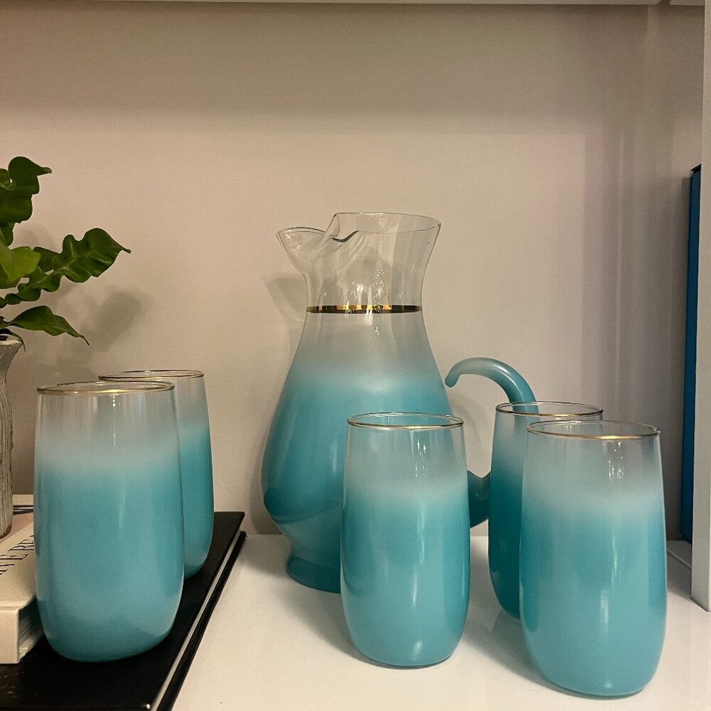 Vintage Mid-Century Modern Blendo Teal Pitcher and 5 Glasses